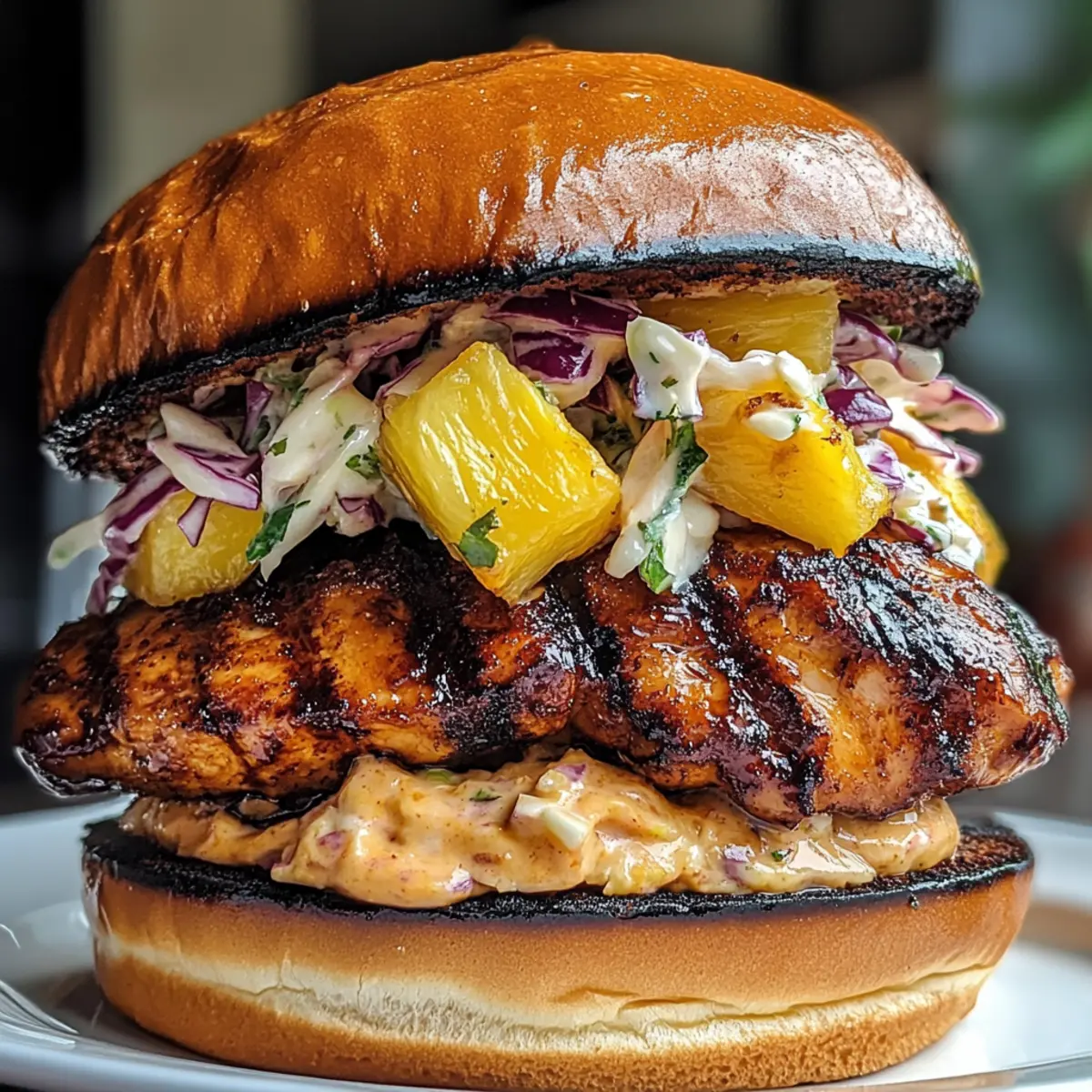 Jerk Chicken Sandwich with Grilled Pineapple and Coleslaw