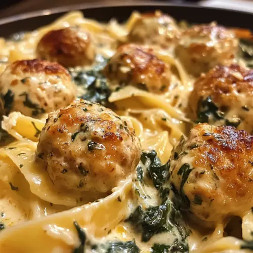 Chicken Meatballs with Cheesy Spinach Pappardelle