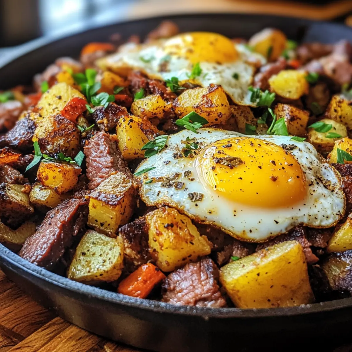 Crispy Smoked Brisket Hash with Runny Eggs